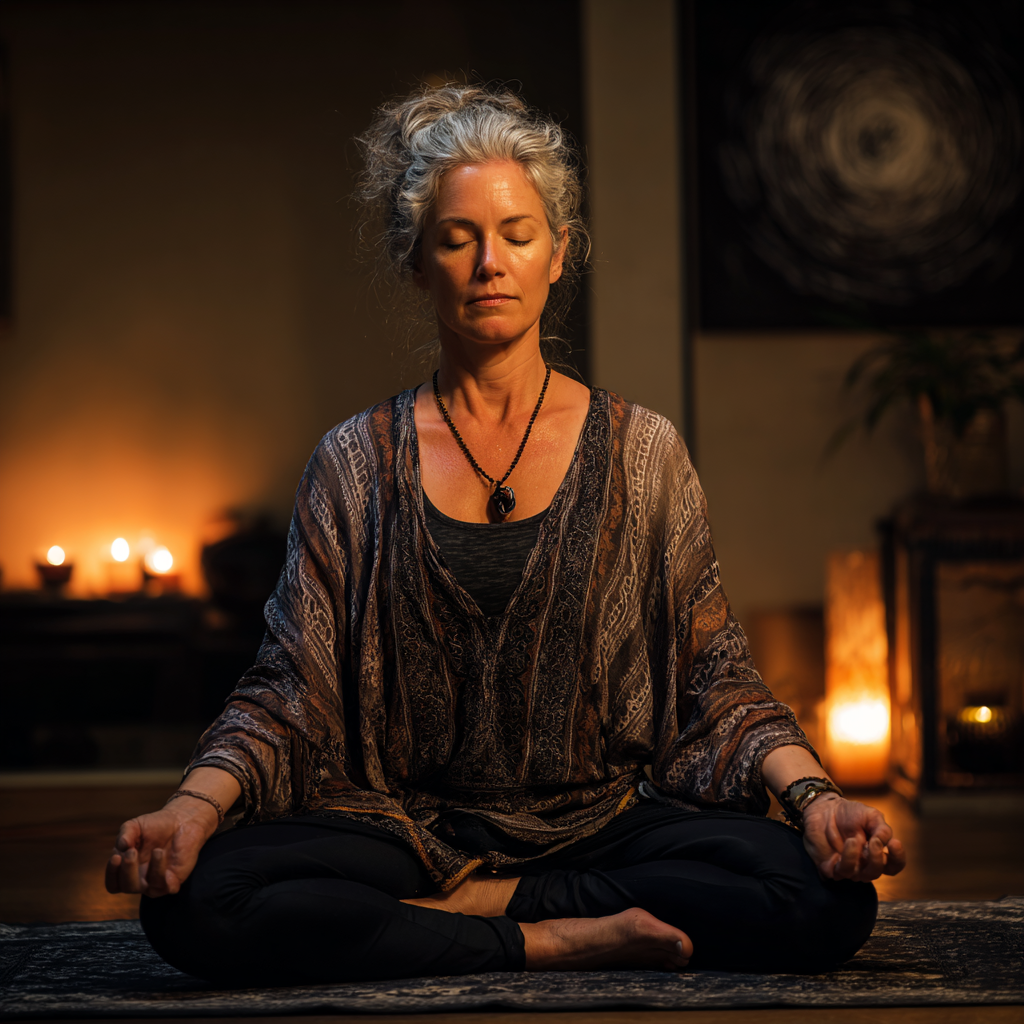 Жінка віком 52 років медитує в позі лотоса в затишній студії йоги з приглушеним освітленням