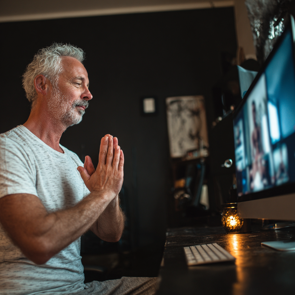 Чоловік віком 58 років займається йогою вдома перед комп'ютером під час онлайн заняття